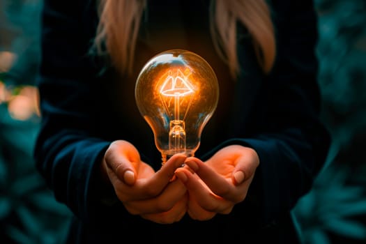 The woman is holding light bulb. Creative new idea. Innovation, brainstorming, inspiration and solution concepts. AI generated