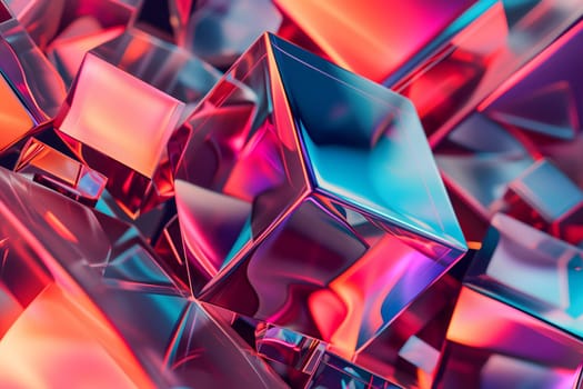 Abstract background of glass cubes with colorful orange and pink lighting. Neural network generated in January 2024. Not based on any actual scene or pattern.