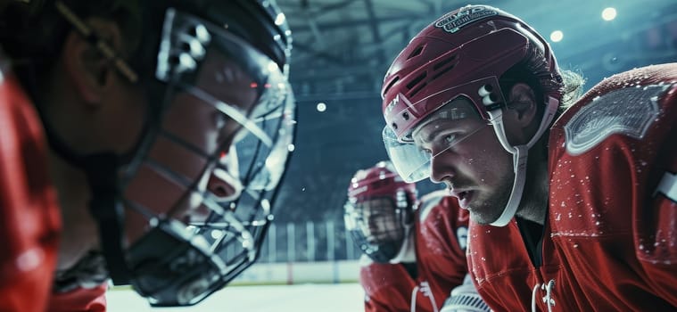 Hockey players in a huddle on the rink, engaging in a strategic discussion under the arena lights, reflecting teamwork and tactics