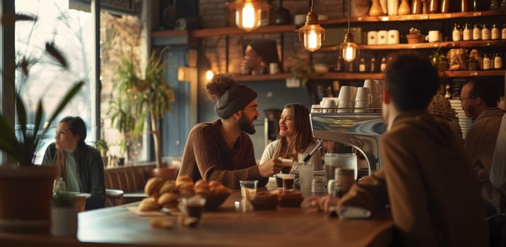 Friends enjoy warm beverages and pastries in a cozy coffee shop, immersed in lively conversation with a city view in the background