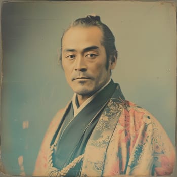 Sepia-toned portrait of a Japanese man in traditional attire, exuding calmness and poise