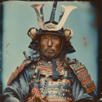 Detailed portrait of a samurai in authentic, ornate armor with a stern expression, symbolizing discipline and tradition