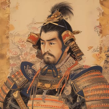 Detailed illustration of a samurai warrior, adorned in traditional armor with a backdrop of Japanese floral art