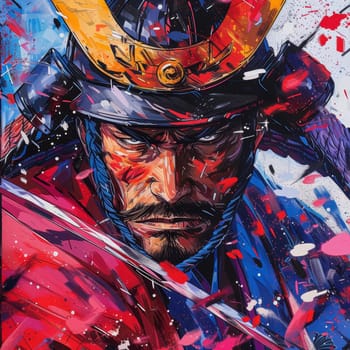 Vividly colored, abstract art of a samurai in dynamic combat pose, with expressive splashes and strokes