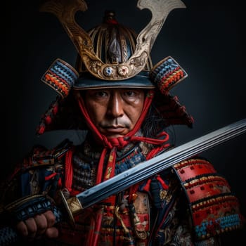 Fierce samurai in full regalia, gripping his sword with resolve, ready for combat