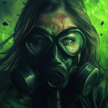 Close-up of a person wearing a gas mask with blood-stained forehead against a toxic green background