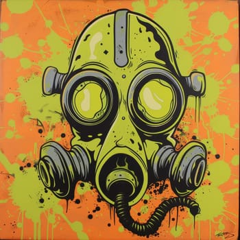 Stylized pop art gas mask illustration with green and black on an orange splattered background