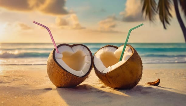 Two heart shaped coconut cocktails on a tropical beach with a view to the sunset above the ocean. Summer vacation seaside, holiday recreation. Exotic love and romance conceptual background