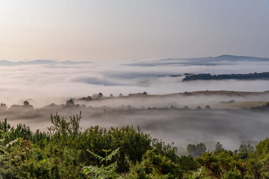 View of Galicia mountain landscape at the sunrise along the way of St. James. Lugo