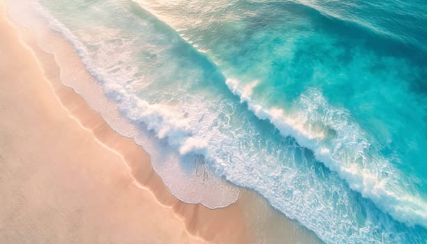 Aerial view of foamy ocean waves hitting the sandy beach. Exotic serene sea, tropical summer vacation seaside, holiday recreation concept, pastel turquoise colors background
