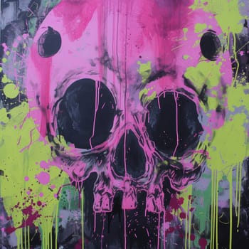 Contemporary art piece featuring a skull painted in vivid pink and green with dynamic splatters