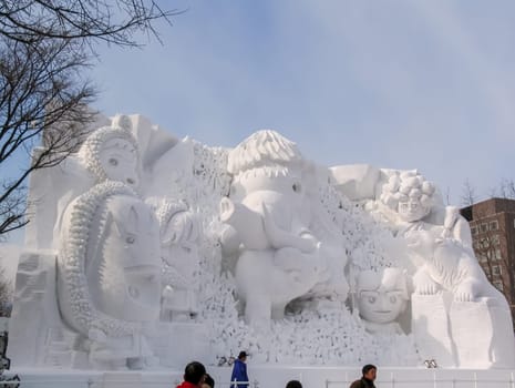 Sapporo, Japan - January 10, 2017: Snow sculptures in winter. Creative from ice and snow. Festival of snow sculptures on the streets of Sapporo