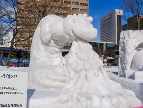 Sapporo, Japan - January 10, 2017: Snow sculptures in winter. Creative from ice and snow. Festival of snow sculptures on the streets of Sapporo