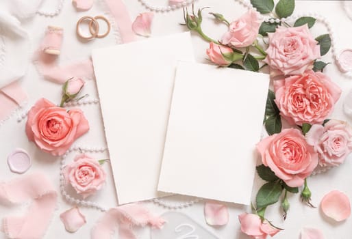 Blank cards near light pink roses, wedding rings and silk ribbons on white table top view, wedding mockup. Romantic flat lay with vertical cards and pastel decor