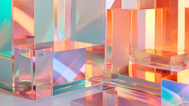 Abstract background of glass cuboids with bright pastel colorful light. Neural network generated in January 2024. Not based on any actual scene or pattern.