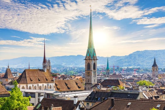 Skyline view on the roofs in the downtown of Zurich at sunny day, Switzerland.