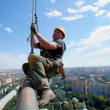 Industrial climber with safety gear hanging at great heights, performing maintenance work against an urban backdrop