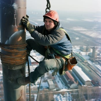 A determined industrial climber expertly ascends a towering structure, equipped with a harness and tools against an expansive city view