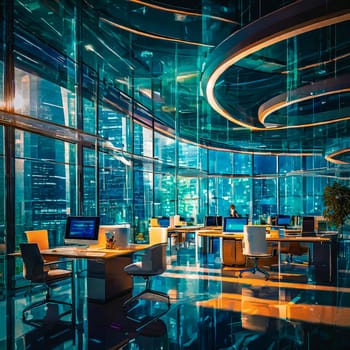 An office filled with desks, chairs, computers, and a lot of windows providing natural lighting. The engineering team works in this modern space with glass fixtures and sleek furniture