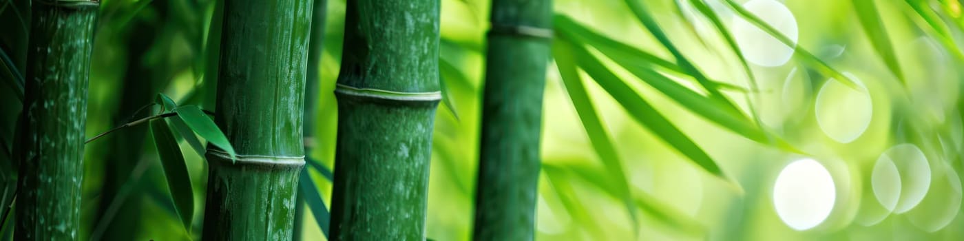 Vivid green bamboo stems and leaves morning background. Generative AI image