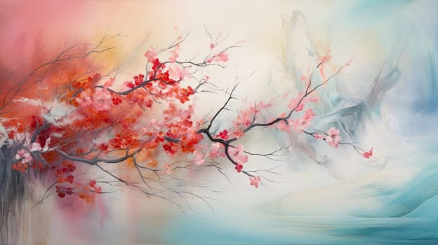Flowers bloom at the end of winter, watercolor drawing. Generative AI design