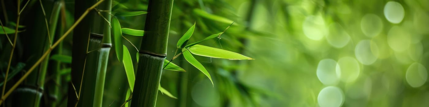 Vivid green bamboo stems and leaves morning background. Generative AI image