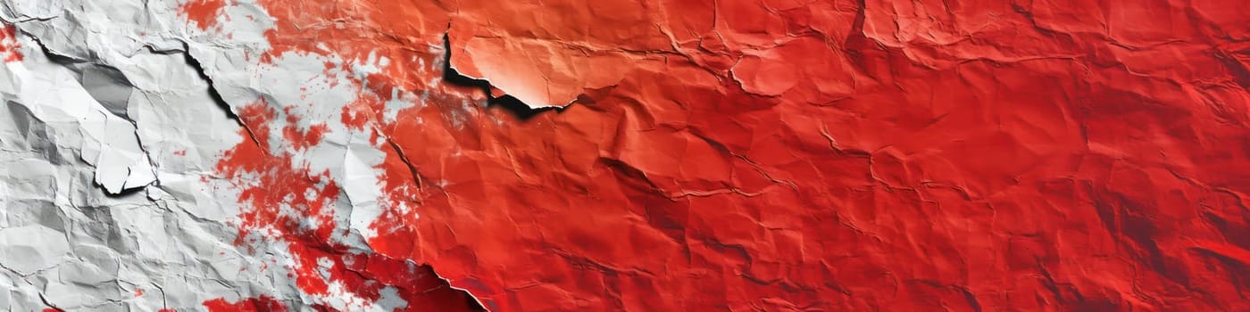 Red and white old torn crumpled paper, abstract background. Generative AI banner