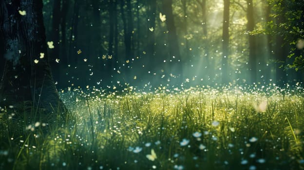 Lush green grass on meadow with drops of water dew in shining light. Generative AI image