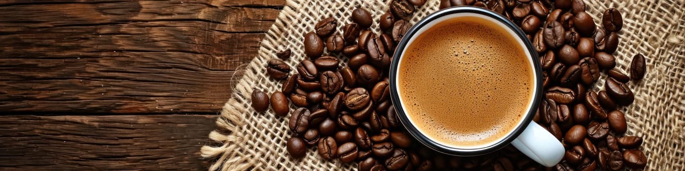Roasted coffee beans and cup of coffee on wooden table. Generative AI image