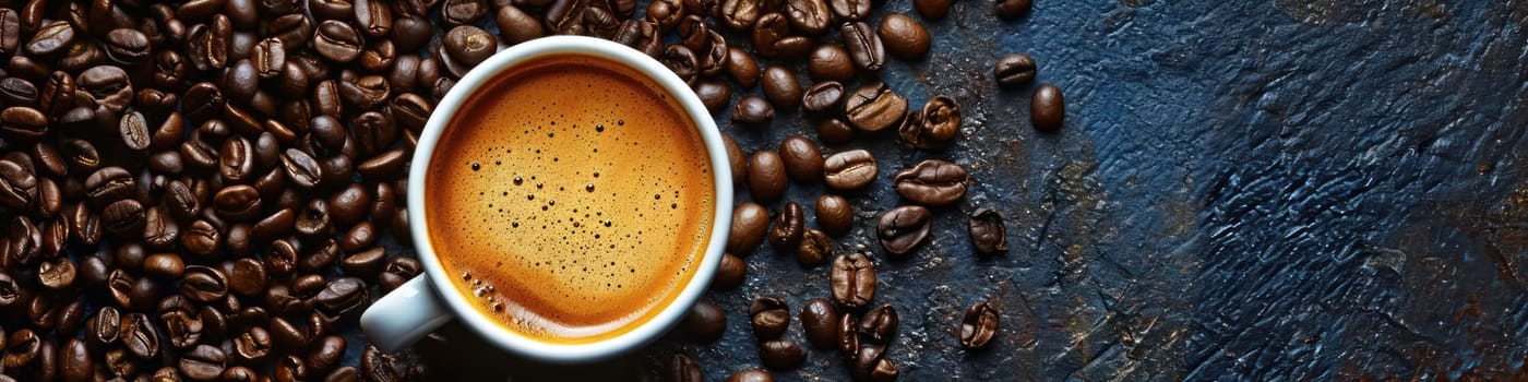 Roasted coffee beans and cup of coffee on stone table. Generative AI image