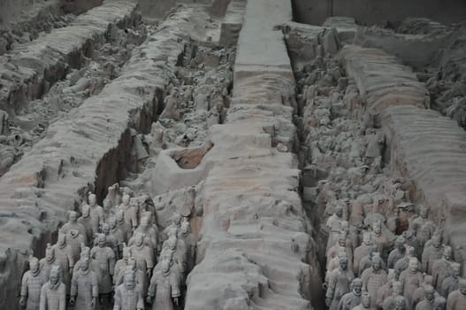XIAN, CHINA - October 29, 2017: Terracotta Army. Clay soldiers of the Chinese emperor. Sculptures of the soldiers of the emperor.