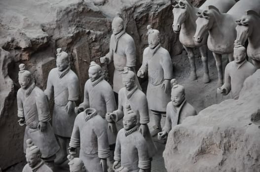 XIAN, CHINA - October 29, 2017: Terracotta Army. Clay soldiers of the Chinese emperor. Sculptures of the soldiers of the emperor.