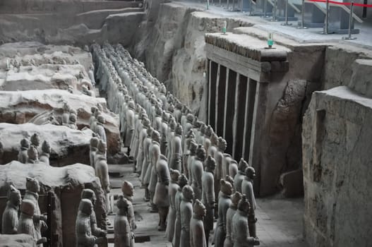 XIAN, CHINA - October 29, 2017: Terracotta Army. Clay soldiers of the Chinese emperor. Sculptures of the soldiers of the emperor.
