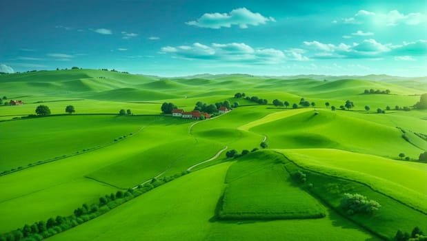 An aerial view of a vibrant green plain with a rustic red barn in the distance, surrounded by tall trees under a clear blue sky with fluffy white clouds