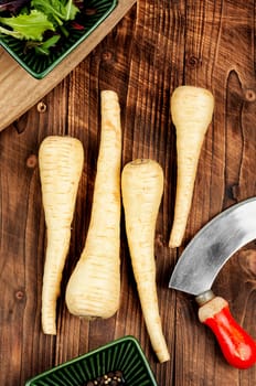 Raw parsnip roots or white root on the kitchen table. Root vegetables on a vintage wooden background.