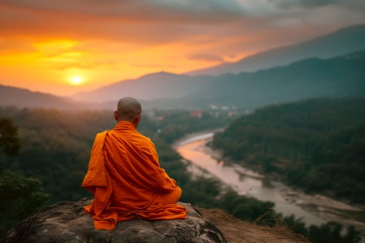 Buddhist monk in meditation on high mountain at beautiful sunset or sunrise background. AI generated