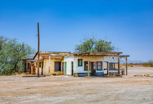 old rotten house at route  95 near the village Vidal in open area, USA