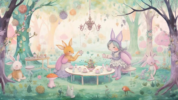 An art piece depicting a scene of rabbits gathered around a table, enjoying a tea party.