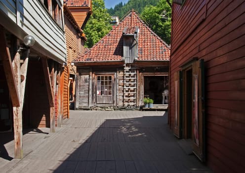 scenic street view with historic wooden houses at the Lofoten islands in Europe, Norway