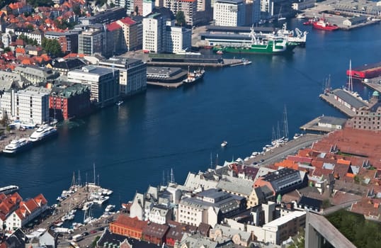 Bergen aerial panoramic view from Mount Floyen viewpoint. Bergen is a city and municipality in Hordaland, Norway.