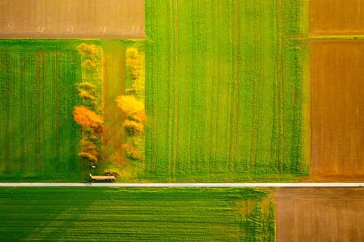aerial of scenic rural landscape in autumn indian summer colors