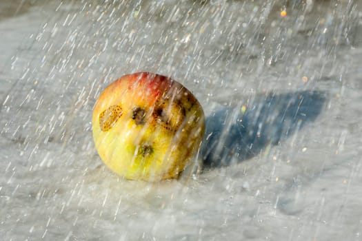 fresh apple in rain with interesting deformations looking like a face