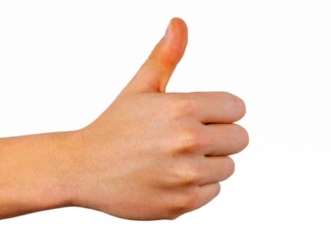 Closeup of male hand showing thumbs up sign against white background