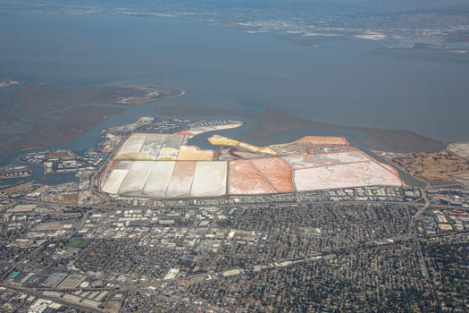 aerial of bay of San Francisco with irrigation and agricultural land with saline, USA