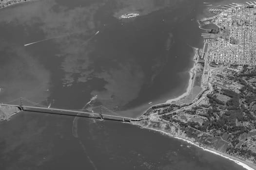aerial of bay with downtown San Francisco and Golden gate bridge, USA