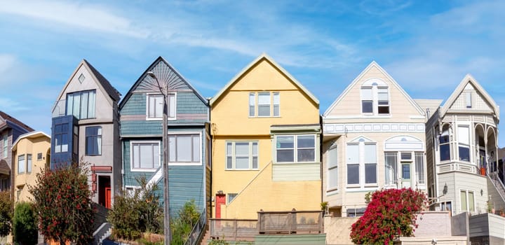 scenic typical colorful wooden houses, the painted ladies, in San Francisco, USA