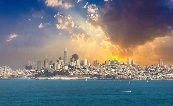 view to skyline of San Francisco with dramatic sky