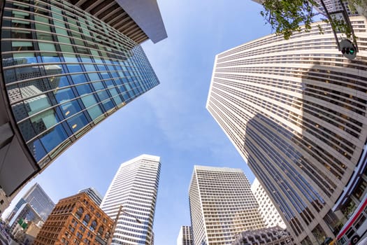 perspective of skyscraper in financial district of San Francisco, USA