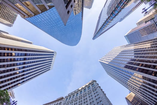 perspective of skyscraper in financial district of San Francisco, USA