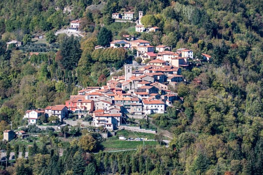 panorama from Alpe Colla piana to small village of Loreglia, Piemont, Italy